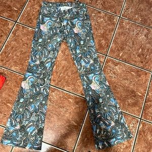 Paisley Patterned Boho Mid Rise Flare Jeans Womens
